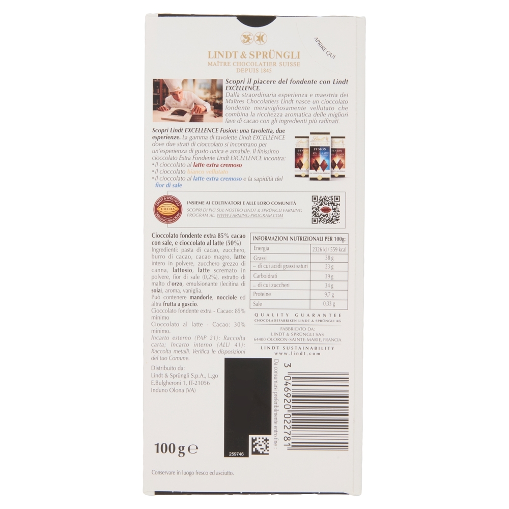 Lindt Excellence Fusion Tav 2 strati cioccolato fondente 85% fior di sale e cioccolato al latte 100g