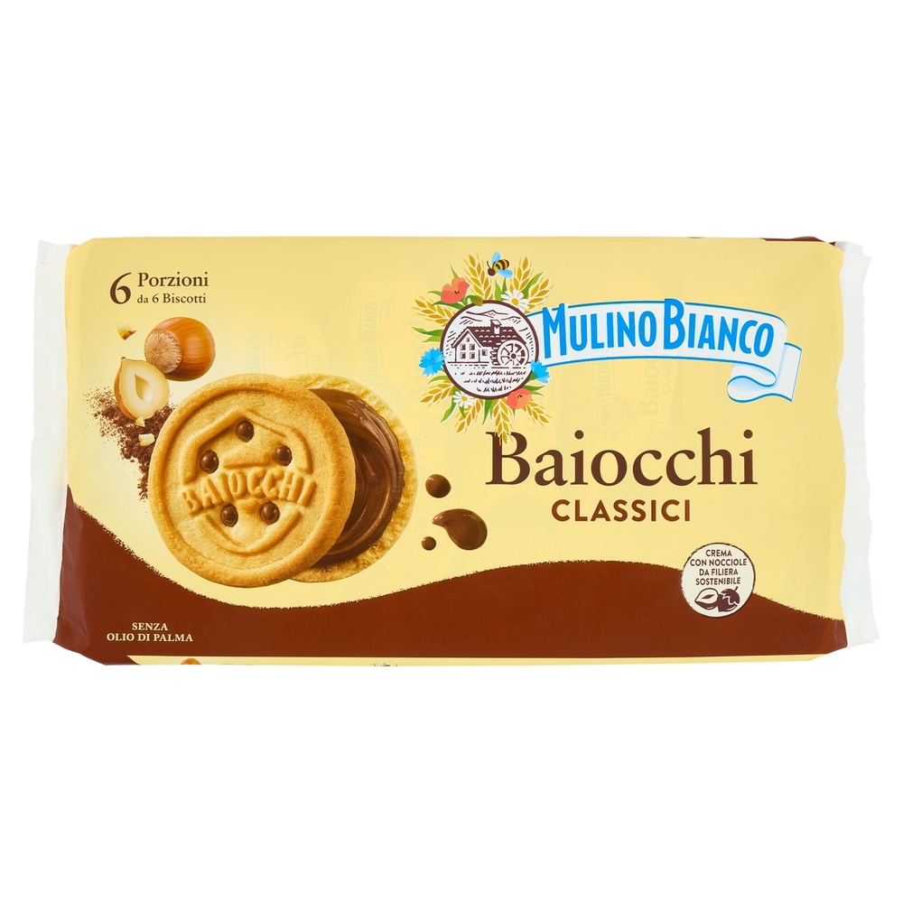 Mulino Bianco Baiocchi Biscotti Snack Farciti con Crema alla Nocciola e Cacao 336g