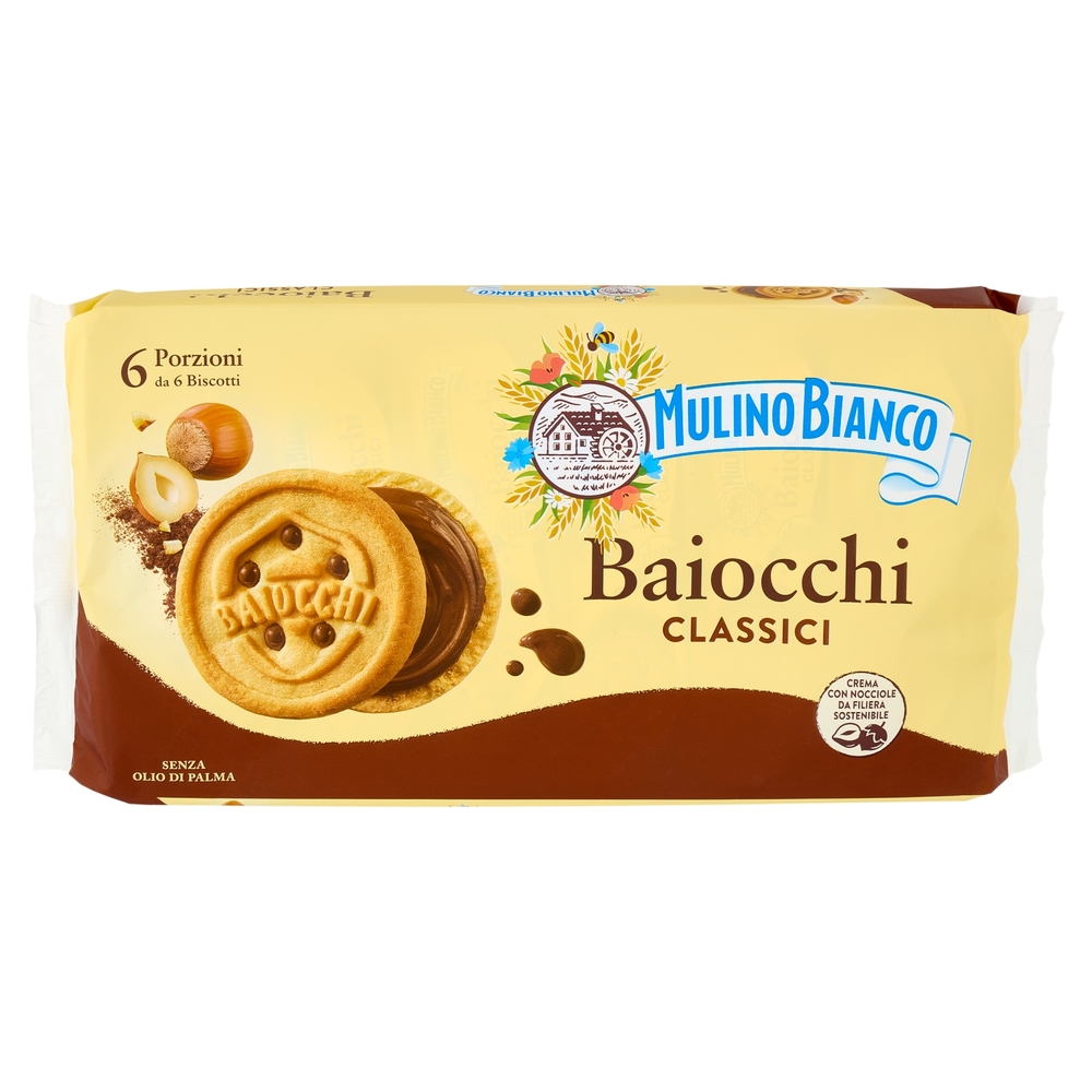 Mulino Bianco Baiocchi Biscotti Snack Farciti con Crema alla Nocciola e Cacao 336g