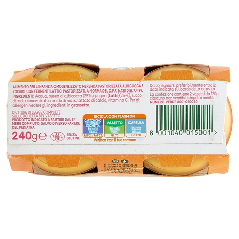 Plasmon Omogeneizzato con fermenti lattici pastorizzati Albicocca e Yogurt 2 x 120 g