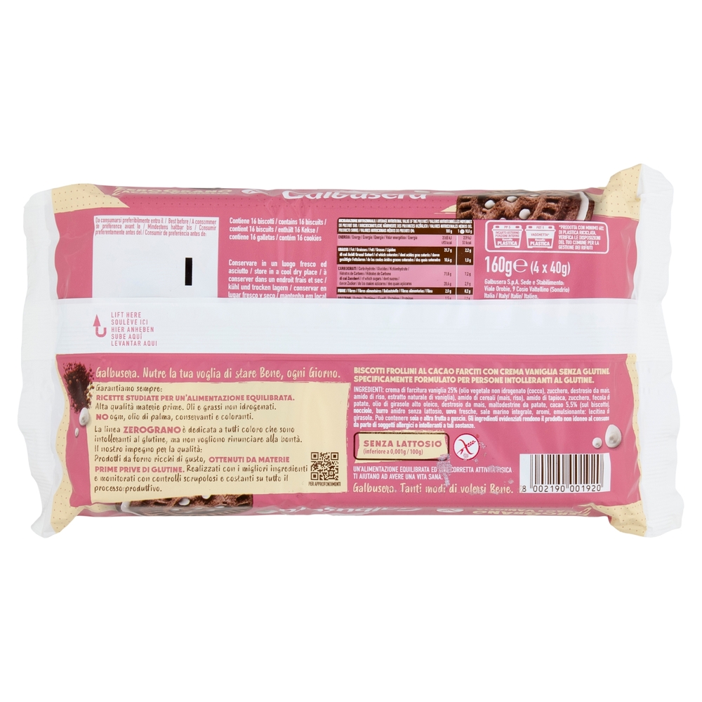 Galbusera ZeroGrano Senza Glutine al Cacao con Crema Vaniglia 4 x 40 g