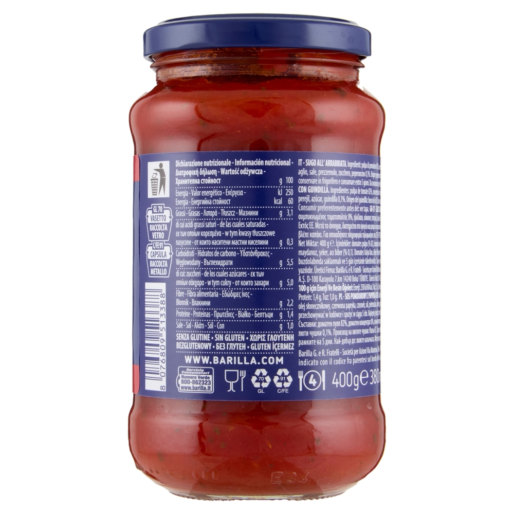 Barilla Sugo Arrabbiata 100% Pomodoro e Peperoncino italiani Condimento per Pasta 400 g