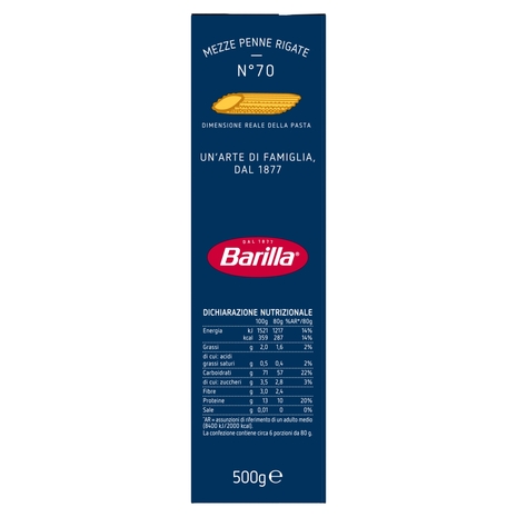 Barilla Pasta Mezze Penne Rigate n.70 100% Grano Italiano 500g