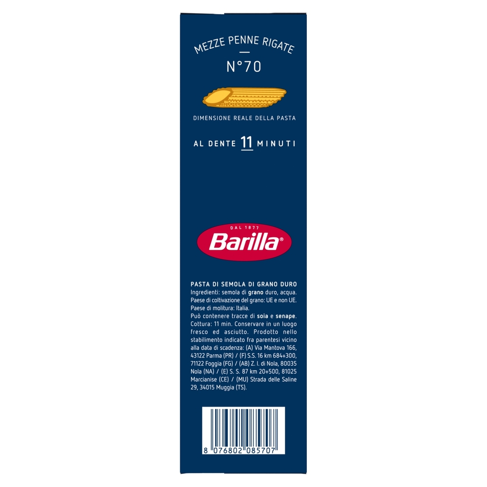 Barilla Pasta Mezze Penne Rigate n.70 100% Grano Italiano 500g