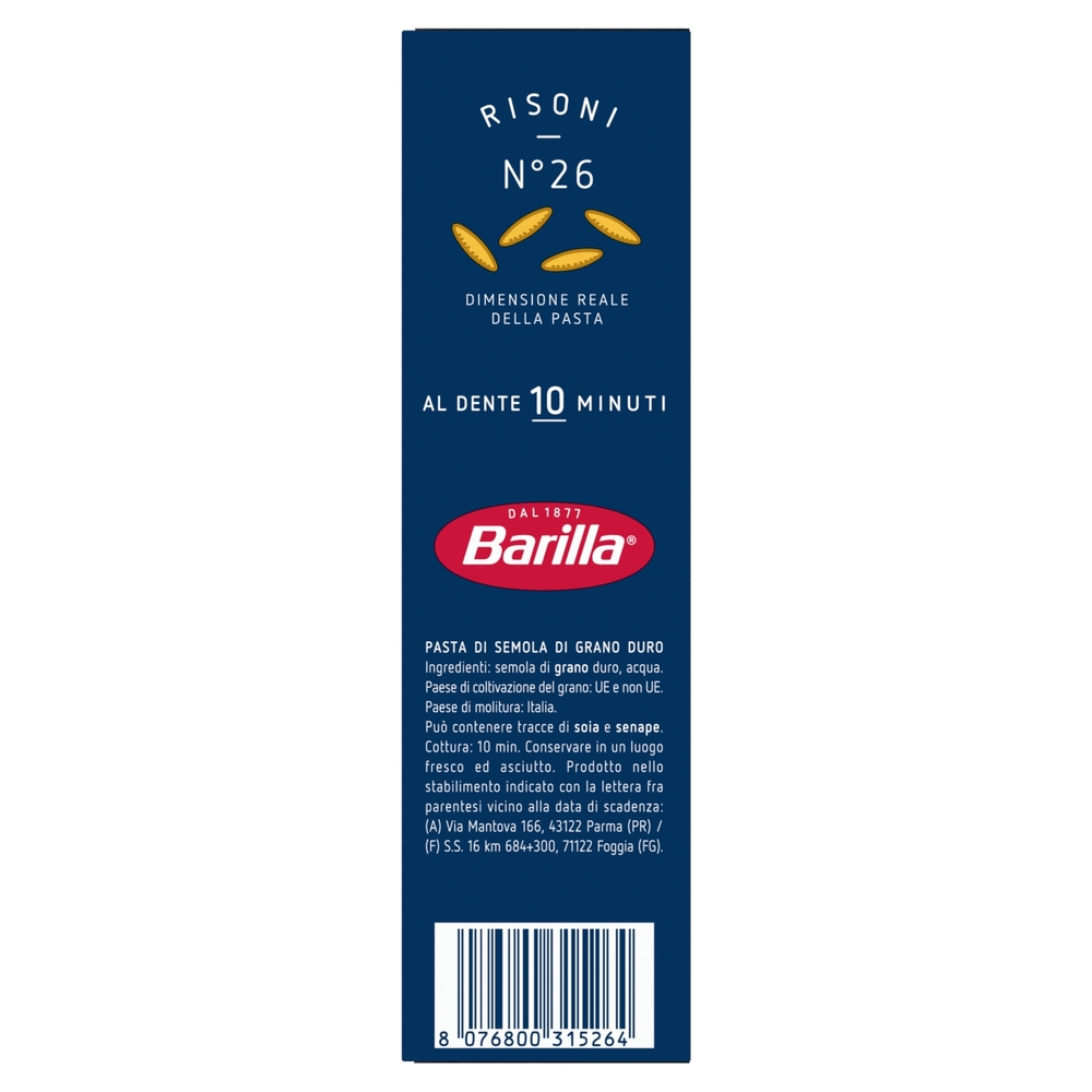 Barilla Pasta Risoni n.26 100% grano italiano 500 g