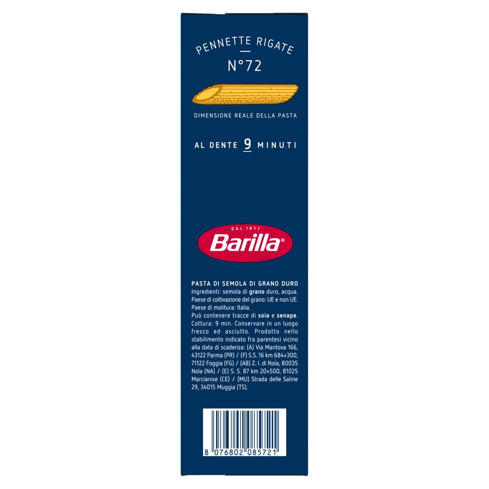 Barilla Pasta Pennette Rigate n.72 100% Grano Italiano 500g