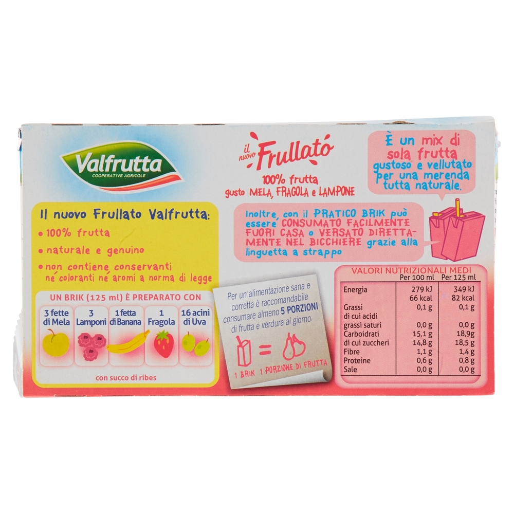 Valfrutta il nuovo Frullato 100% frutta gusto Mela, Fragola e Lampone 3 x 125 ml
