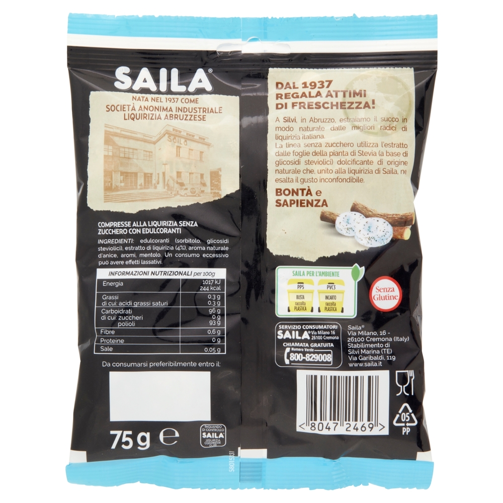 Saila con 100% Liquirizia Italiana Compresse Dure Senza Zucchero con estratto di Stevia 75 g