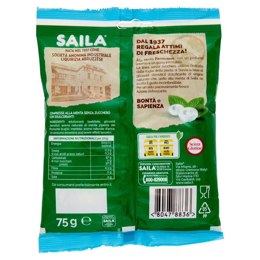 Saila alla Menta Piemontese Compresse Dure Senza Zucchero con estratto di Stevia 75 g