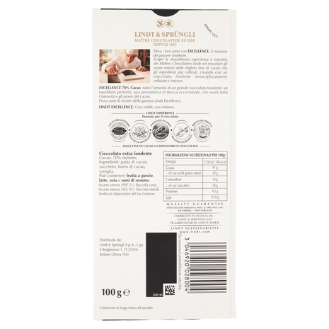Lindt Excellence Tavoletta Cioccolato Fondente 70% 100 g