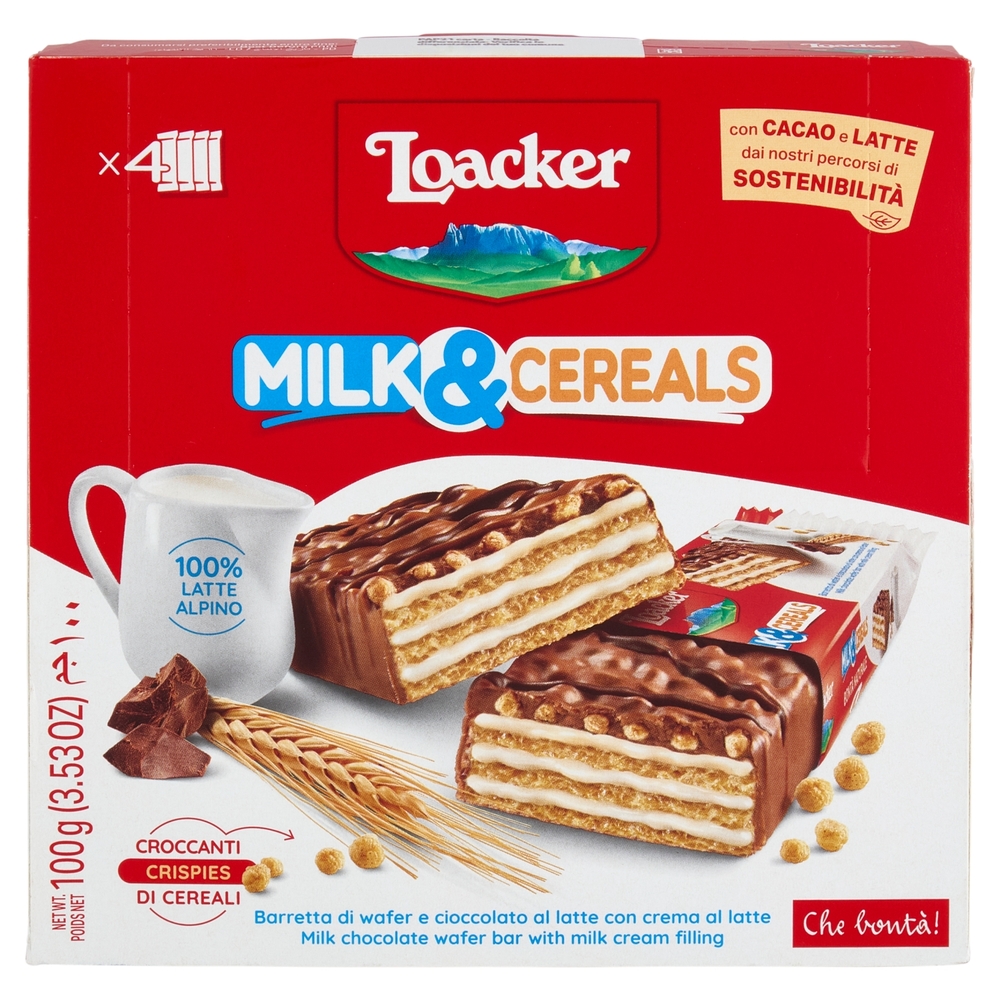 Loacker Milk & Cereals Barrette di Wafer e Cioccolato al Latte con crema al Latte 25gx4