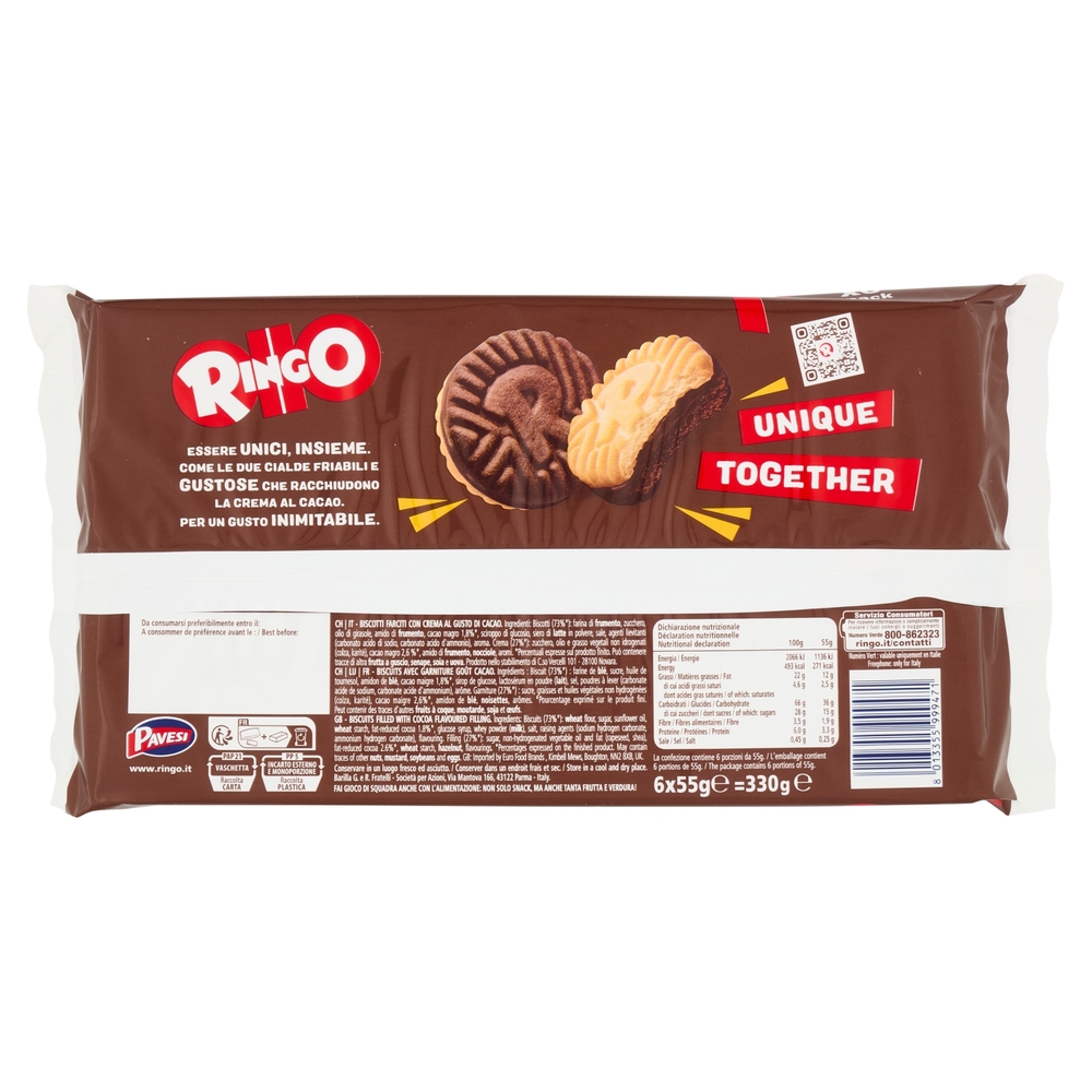 Ringo Cacao Biscotti Farciti con Crema Cacao Snack Merenda 6 porzioni 330g