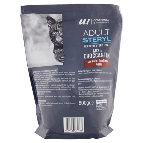 Croccantini Gatto Adulto Sterilizzato con Pollo, Tacchino e Piselli U! Confronta e Risparmia