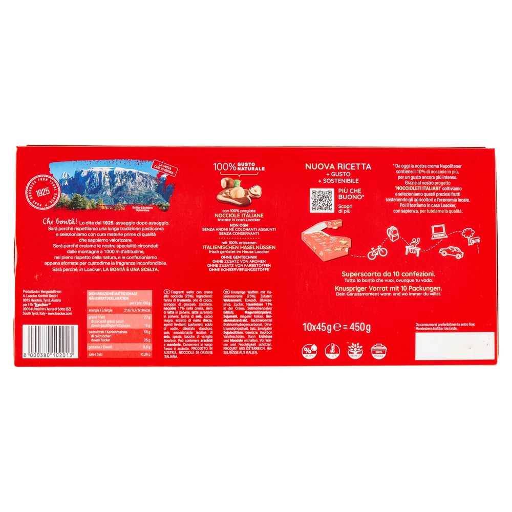 Loacker Wafer Classic Napolitaner con crema alle nocciole 100% italiane tostate wafers 45gx10