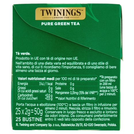 Twinings Pure Green Tea Tè Verde Antiossidante 25 filtri The 50 g