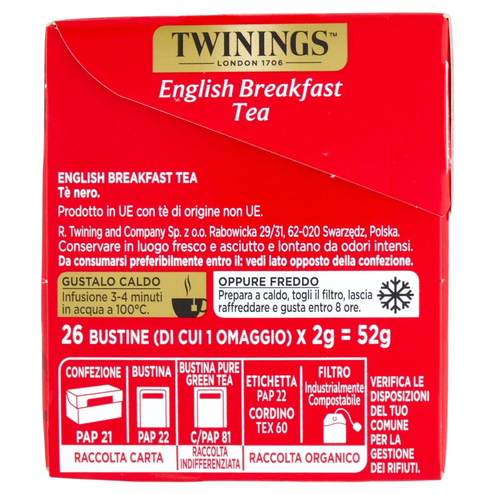 Twinings English Breakfast Tea Tè Nero 25 filtri +1 omaggio The 52 g