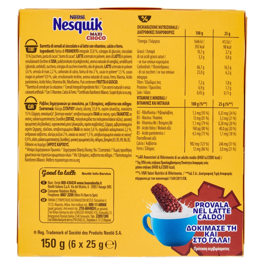 NESQUIK Maxi Choco Barrette di cereali con cioccolato al latte 6 snack da 25 g