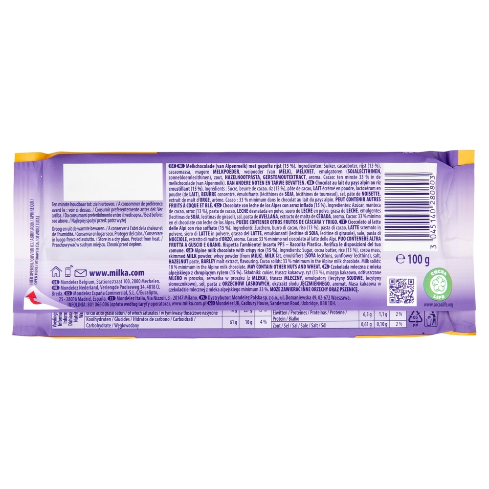 Milka tavoletta di cioccolato al latte 100% alpino con riso soffiato -  100g