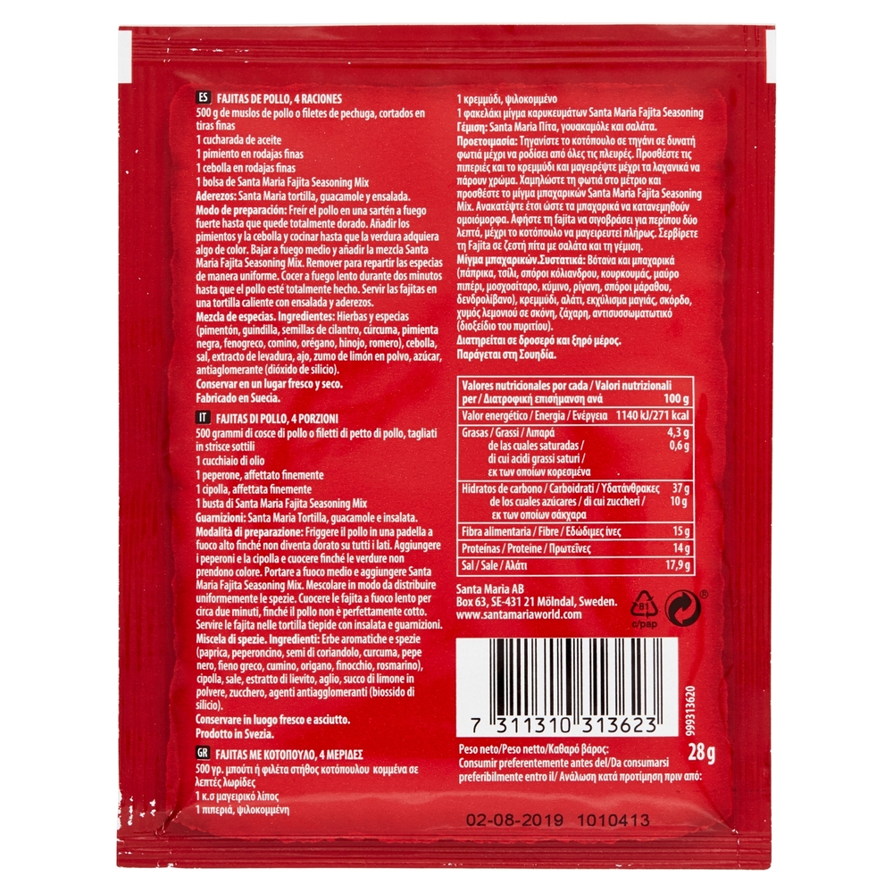 Santa Maria Seasoning mix for Fajita Original Medium 28 g