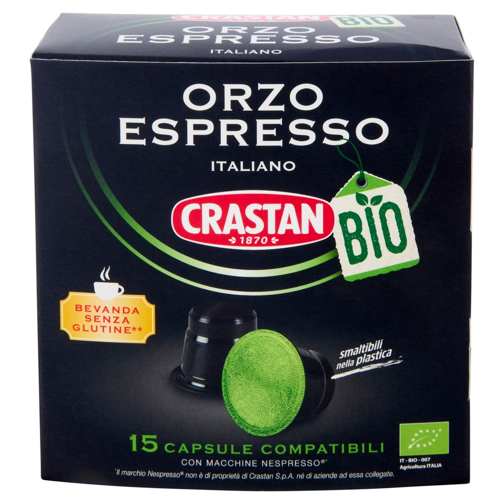 Crastan Bio Orzo Espresso Italiano 15 Capsule Compatibili con Macchine Nespresso* 15 x 2,6 g