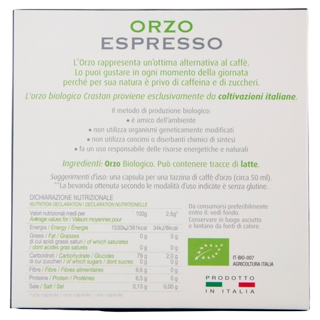 Crastan Bio Orzo Espresso Italiano 15 Capsule Compatibili con Macchine Nespresso* 15 x 2,6 g