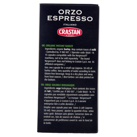 Crastan Bio Orzo Espresso Italiano 15 Capsule Compatibili con Macchine Nespresso* 15 x 2,6 g
