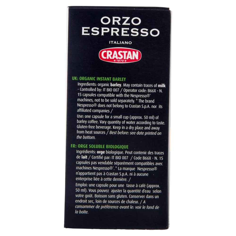 Crastan Bio Orzo Espresso Italiano 15 Capsule Compatibili con Macchine Nespresso* 15 x 2,6 g