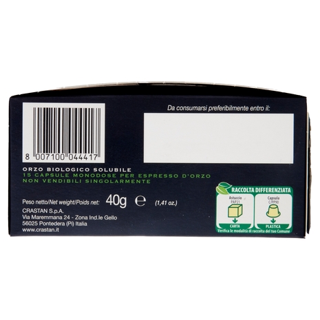Crastan Bio Orzo Espresso Italiano 15 Capsule Compatibili con Macchine Nespresso* 15 x 2,6 g