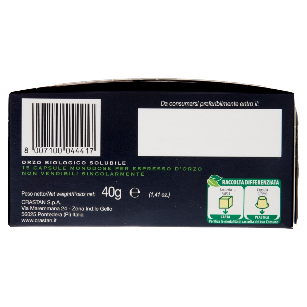 Crastan Bio Orzo Espresso Italiano 15 Capsule Compatibili con Macchine Nespresso* 15 x 2,6 g