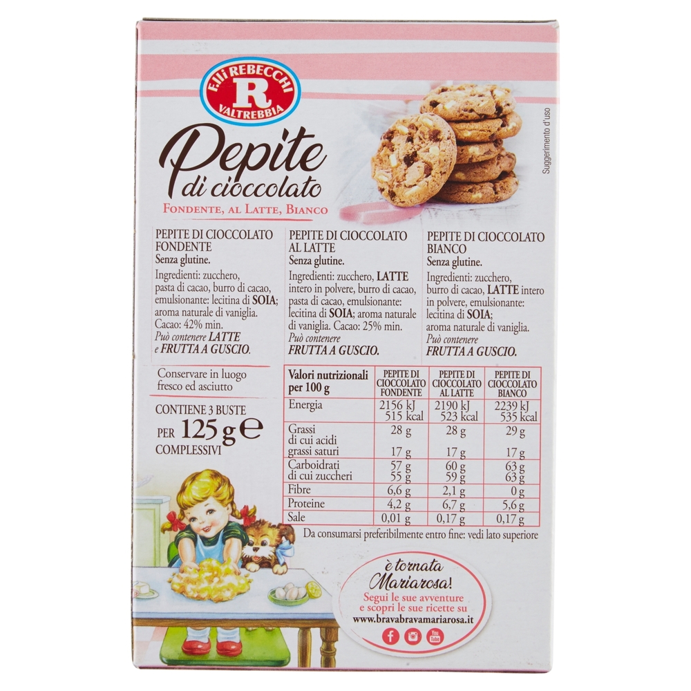 Mariarosa Pepite di cioccolato Fondente, al Latte, Bianco 3 Buste 125 g