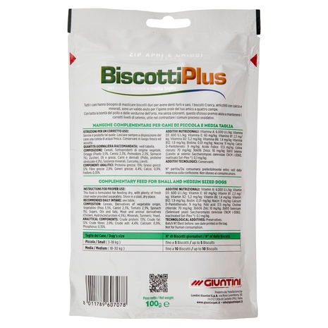 Giuntini Crancy BiscottiPlus per cani di piccola e media taglia con pollo e verdurine dell'orto 100g