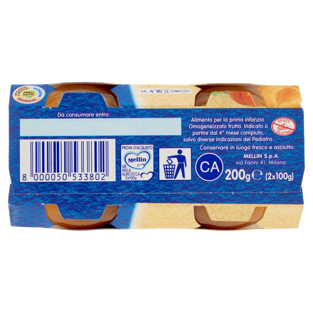 Mellin Mela Albicocca 100% Naturale Omogeneizzato 2 x 100 g