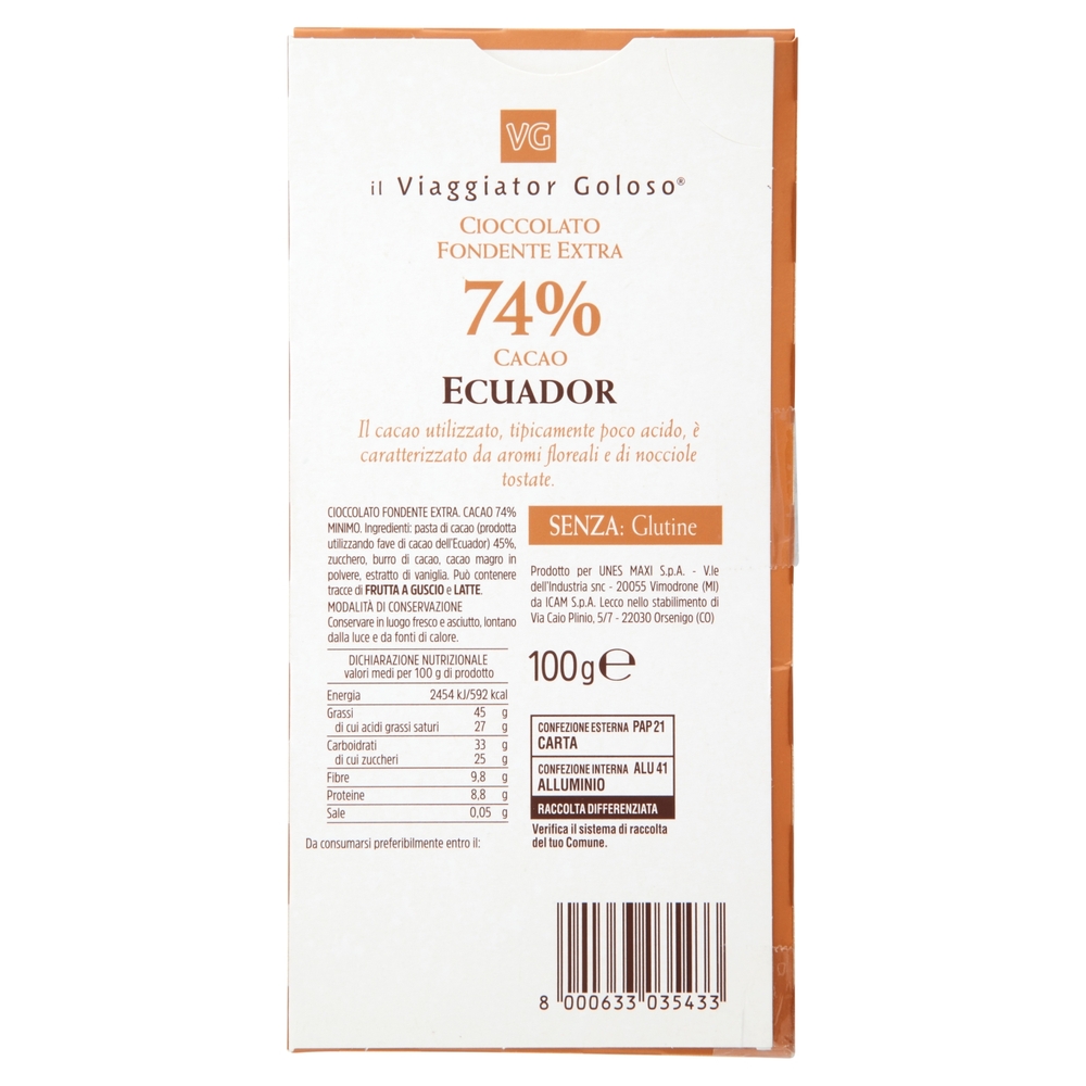 Cioccolato Fondente Extra Ecuador 74% Il Viaggiator Goloso