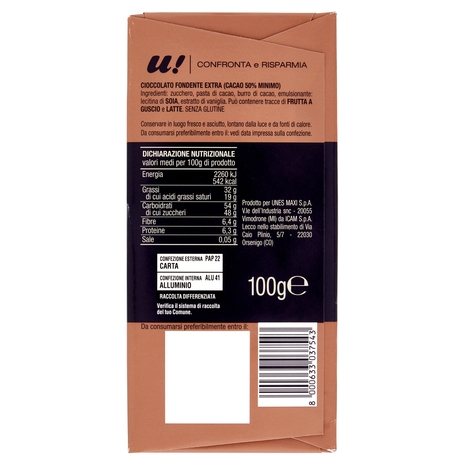 Cioccolato Fondente Extra 50% U! Confronta e Risparmia