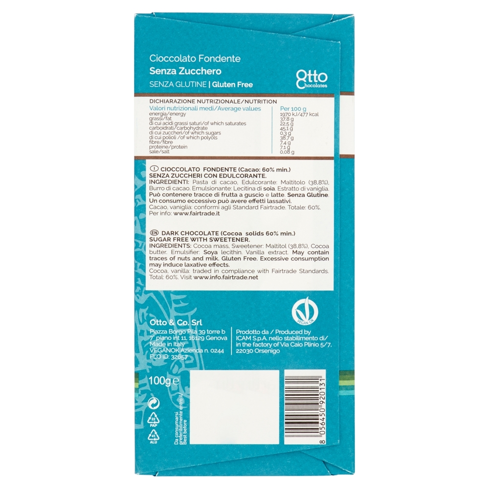 Otto Chocolates Cioccolato Fondente Senza Zucchero 60% 100 g