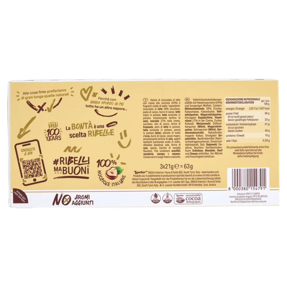 Loacker Tortina Original Wafer ricoperto di Cioccolato al Latte con crema di Nocciole Italiane 21gx3