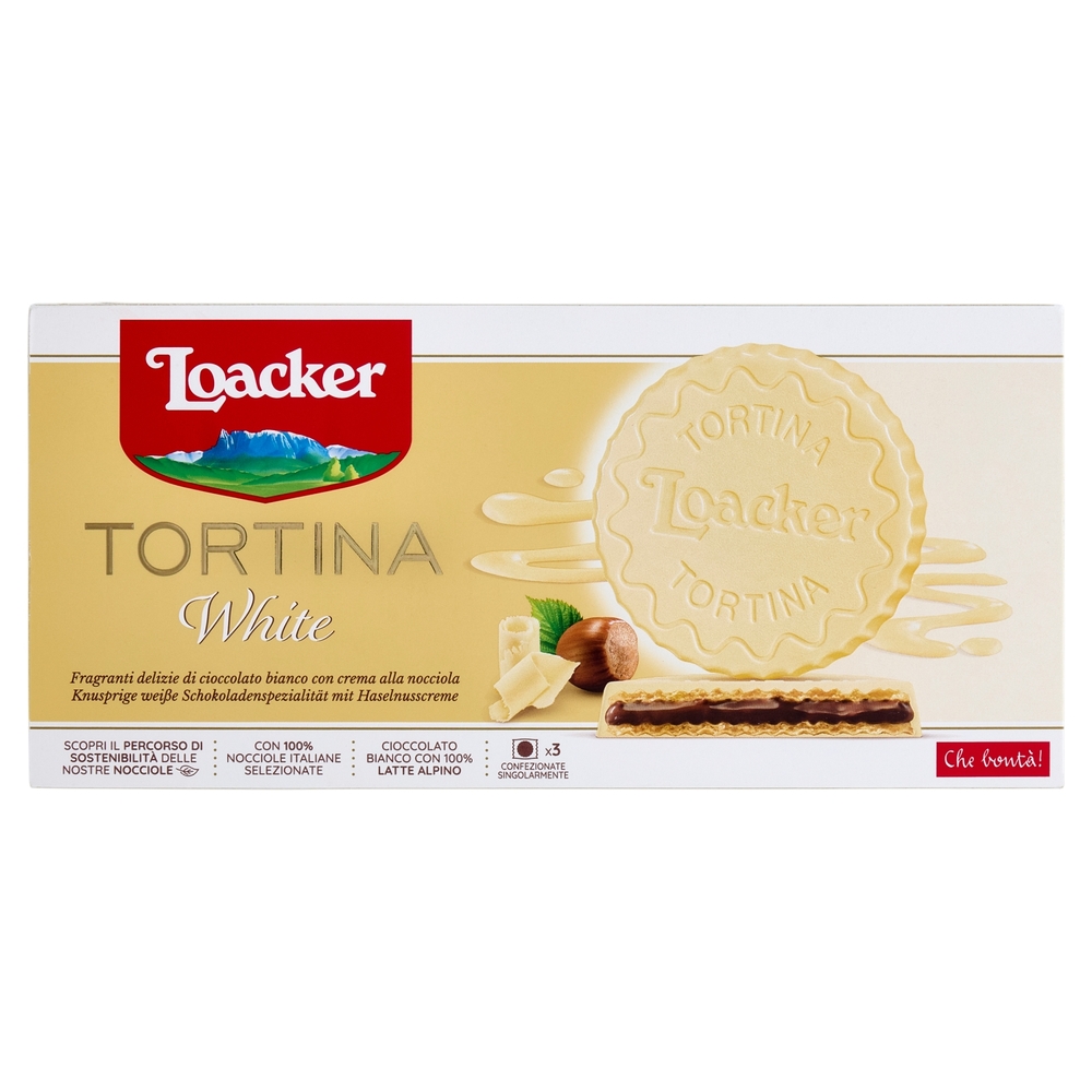 Loacker Tortina White Wafer ricoperto di Cioccolato Bianco con crema Nocciole 100% Italiane 21gx3