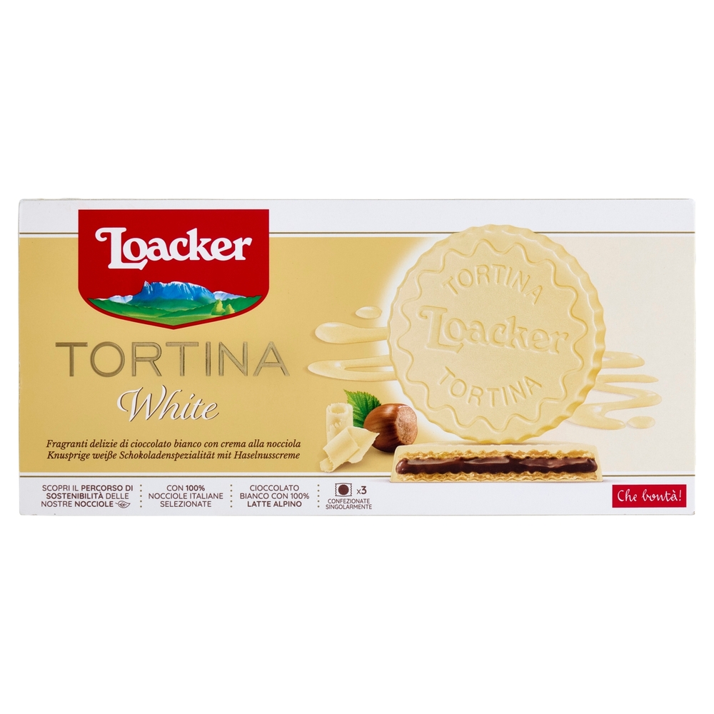 Loacker Tortina White Wafer ricoperto di Cioccolato Bianco con crema Nocciole 100% Italiane 21gx3