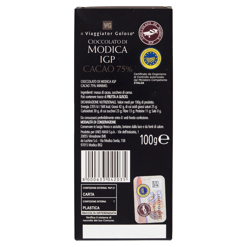 Cioccolato di Modica IGP Cacao 75% Il Viaggiator Goloso