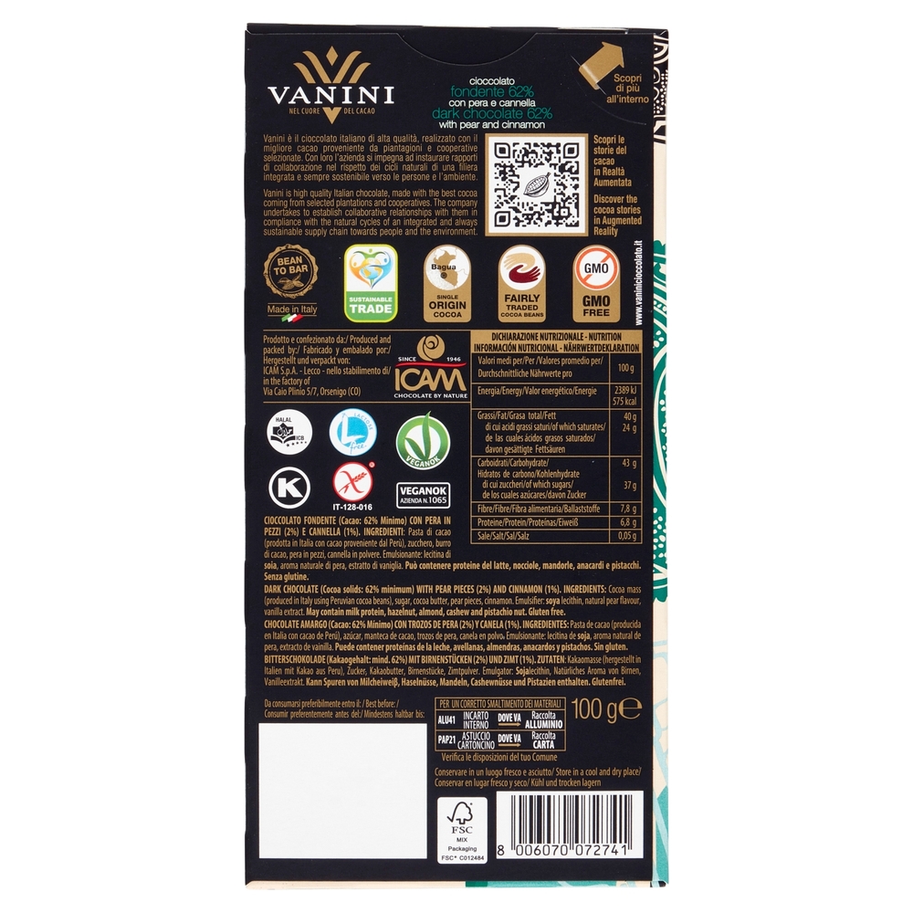 Vanini fondente 62% con pera e cannella 100 g