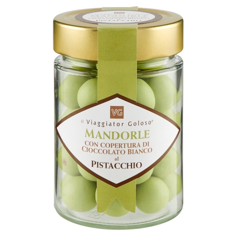 MANDORLE ricoperte di cioccolato bianco al pistacchio il Viaggiator Goloso