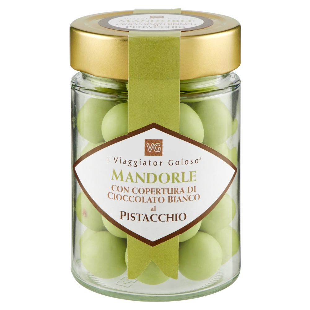 MANDORLE ricoperte di cioccolato bianco al pistacchio il Viaggiator Goloso