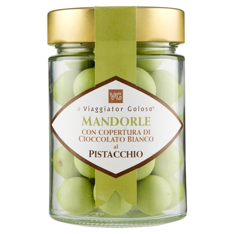 MANDORLE ricoperte di cioccolato bianco al pistacchio il Viaggiator Goloso