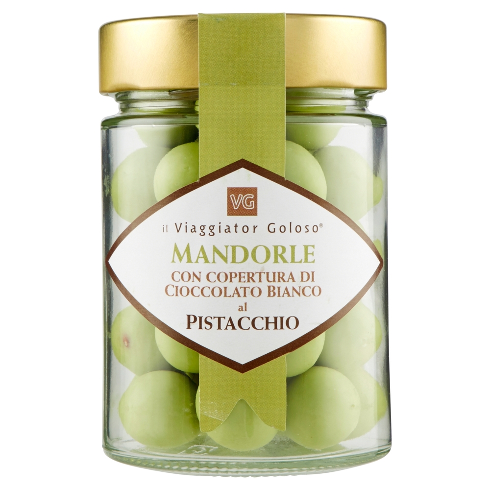 MANDORLE ricoperte di cioccolato bianco al pistacchio il Viaggiator Goloso