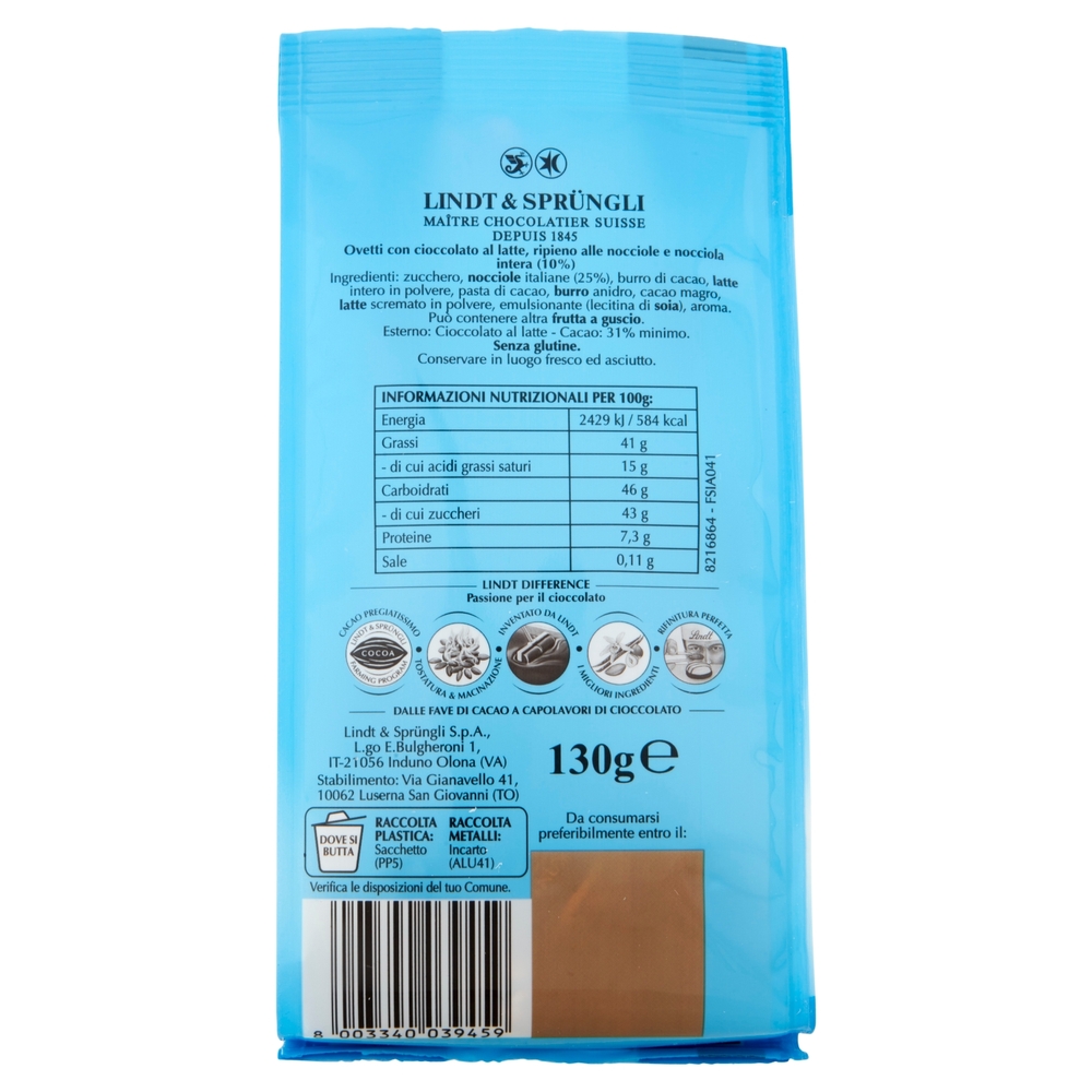 Lindt Ovetti di cioccolato Pasqua Cioccolato con nocciole Cioccolato al latte 130 g