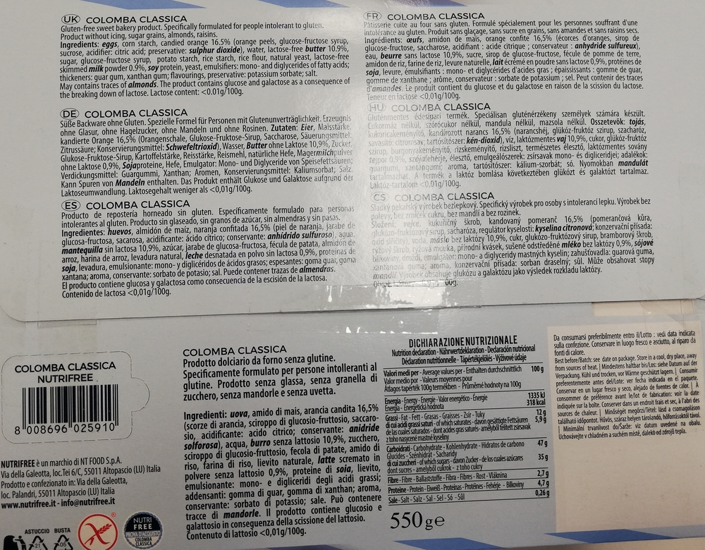 Nutrifree Colomba Senza glutine Classica con Canditi 550 g