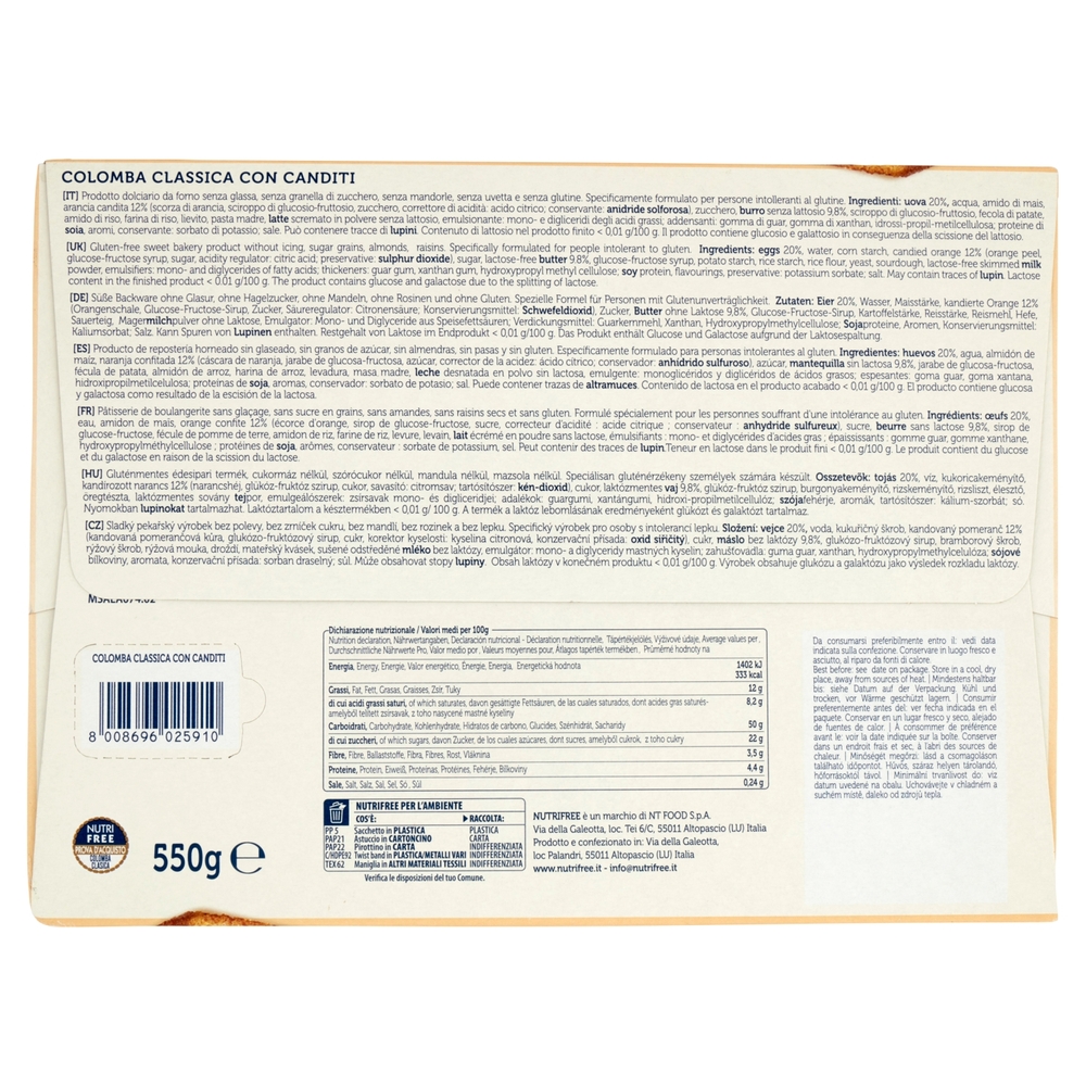 Nutrifree Colomba Senza glutine Classica con Canditi 550 g