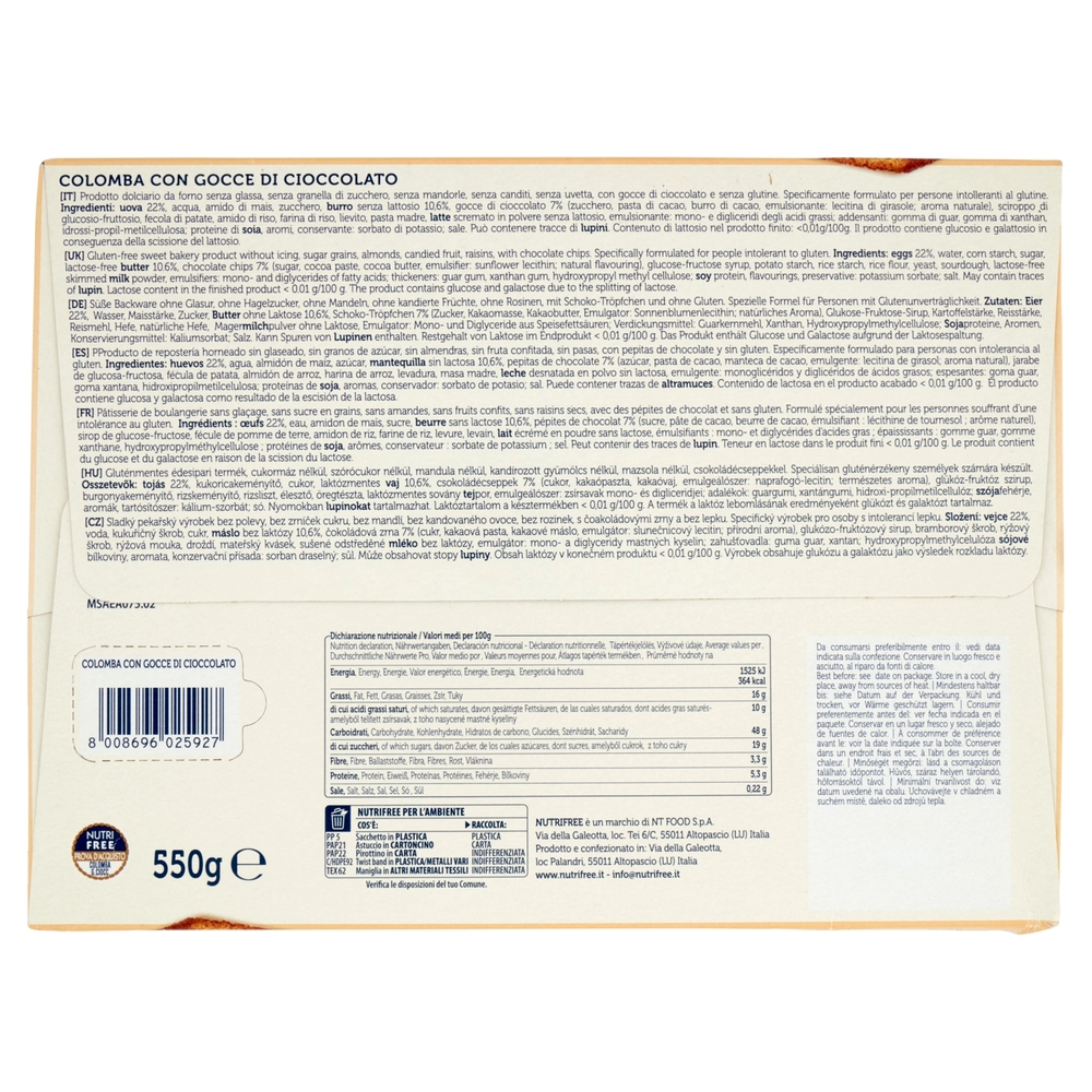 Nutrifree Colomba Senza glutine con Gocce di Cioccolato 550 g