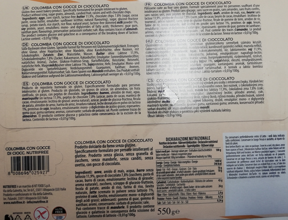 Nutrifree Colomba Senza glutine con Gocce di Cioccolato 550 g