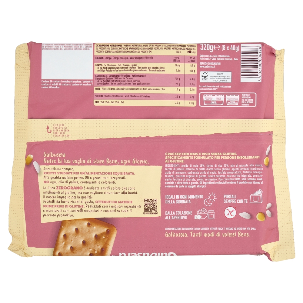 Galbusera ZeroGrano Senza Glutine Cracker con Mais e Riso 8 x 40 g